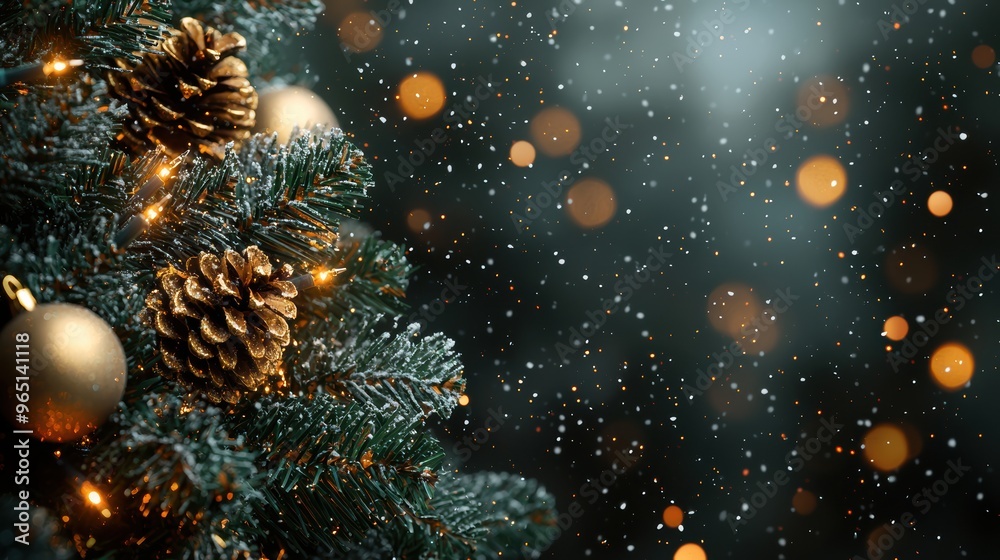 Elegant Christmas tree with pinecones and golden ornaments illuminated in a snowy, festive atmosphere during the holiday season