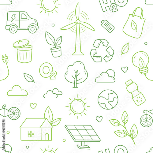 Eco and green environment doodle seamless pattern. Zero waste and recycle elements outline hand drawn. Save planet doodle vector illustration