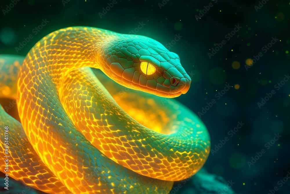 Coiled Snake with Glowing Scales in Two Tones of Yellow and Green Coiled Snake with Glowing Scales in Two Tones of Yellow and Green
