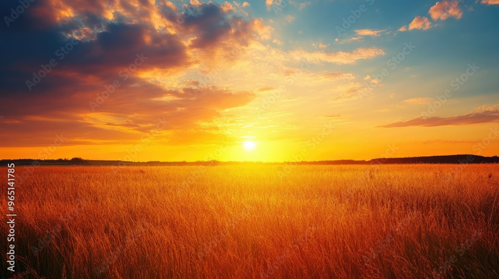 Orange and yellow sunset over a field Orange and yellow sunset over a field