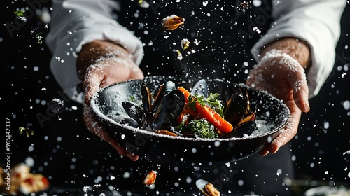 Chef Serving Delicious Mussels with Vegetables and Sea Salt photo