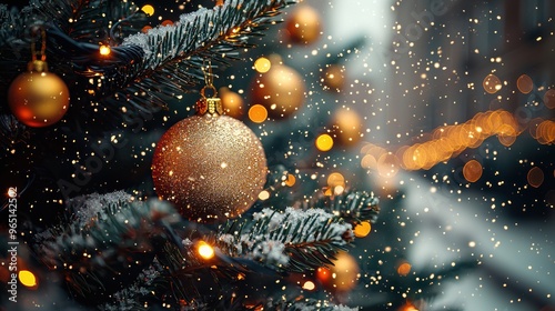 Sparkling Christmas tree adorned with golden ornaments and twinkling lights during a snowy evening in a cozy neighborhood