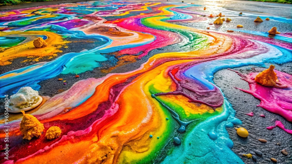 A rainbow of melted ice cream stretches across the pavement, its sticky residue forming a vibrant abstract design. A rainbow of melted ice cream stretches across the pavement, its sticky residue forming a vibrant abstract design.