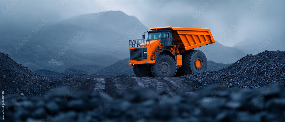 Heavy duty dump truck in a rugged landscape, hauling materials through a cloudy environment, showcasing industrial capabilities. Heavy duty dump truck in a rugged landscape, hauling materials through a cloudy environment, showcasing industrial capabilities.