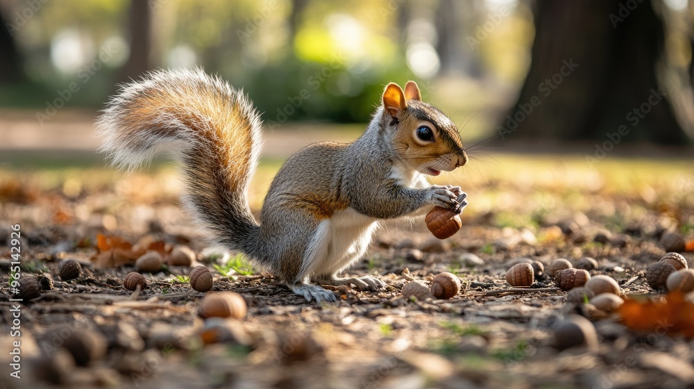 Playful squirrel gathering acorns in a park Playful squirrel gathering acorns in a park