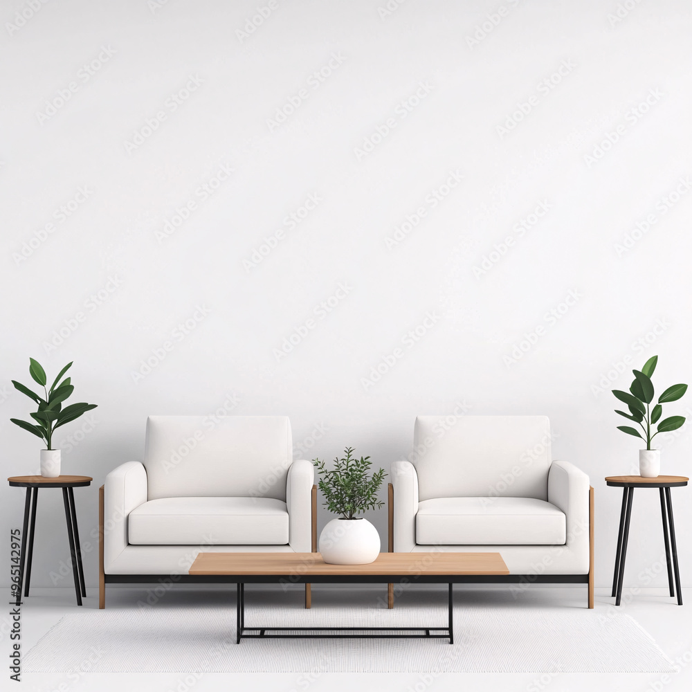 Modern living room with two white armchairs, a sleek coffee table, and green plants against a blank wall. Modern living room with two white armchairs, a sleek coffee table, and green plants against a blank wall.