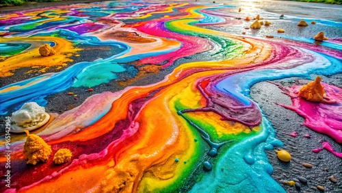 A rainbow of melted ice cream stretches across the pavement, its sticky residue forming a vibrant abstract design. photo