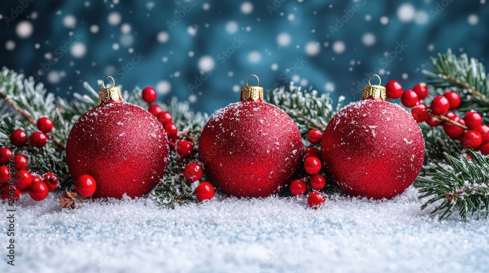 Red Christmas ornaments surrounded by snow and greenery on a winter day in a festive setting Red Christmas ornaments surrounded by snow and greenery on a winter day in a festive setting