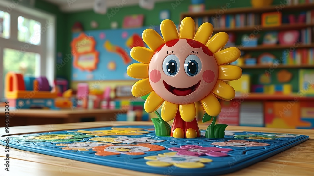 Colorful toy flower with a happy face, perfect for children's playroom decor and educational activities. Colorful toy flower with a happy face, perfect for children's playroom decor and educational activities.