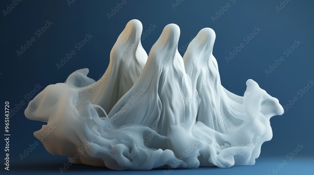 Fototapeta premium Ethereal sculpture depicting three ghostly figures emerging from a misty base, evoking mystery and tranquility.