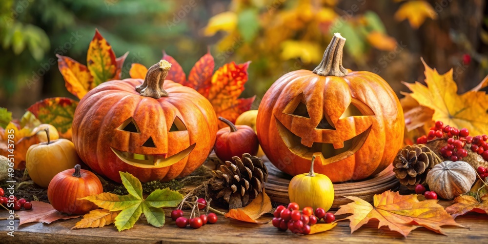A rustic Halloween display, featuring hand-carved pumpkins, abundant leaves, and natural elements, nestled among a A rustic Halloween display, featuring hand-carved pumpkins, abundant leaves, and natural elements, nestled among a
