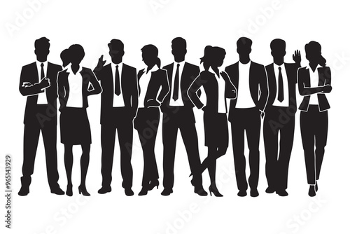 Vector silhouettes of men and women, a group of standing business people, black color isolated on a white background