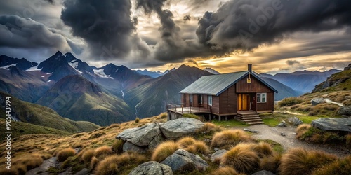 A rustic mountain hut stands serenely beneath a turbulent, gray moody sky in the scenic Nelson Lakes National photo