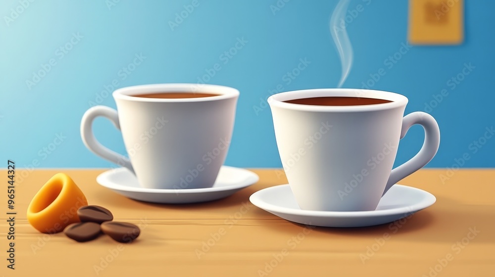 Obraz premium Two steaming coffee cups on a wooden table, accompanied by coffee beans and a small pastry, evoking warmth and comfort.