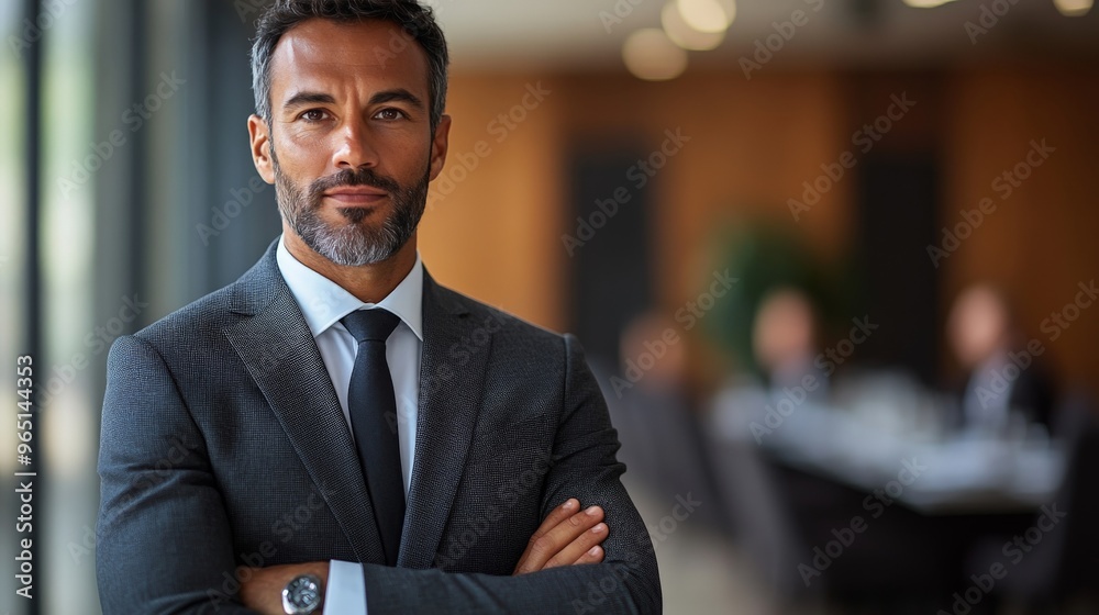 The Weight of Leadership: A seasoned executive stands stoic, embodying experience and determination in the heart of a bustling office. 