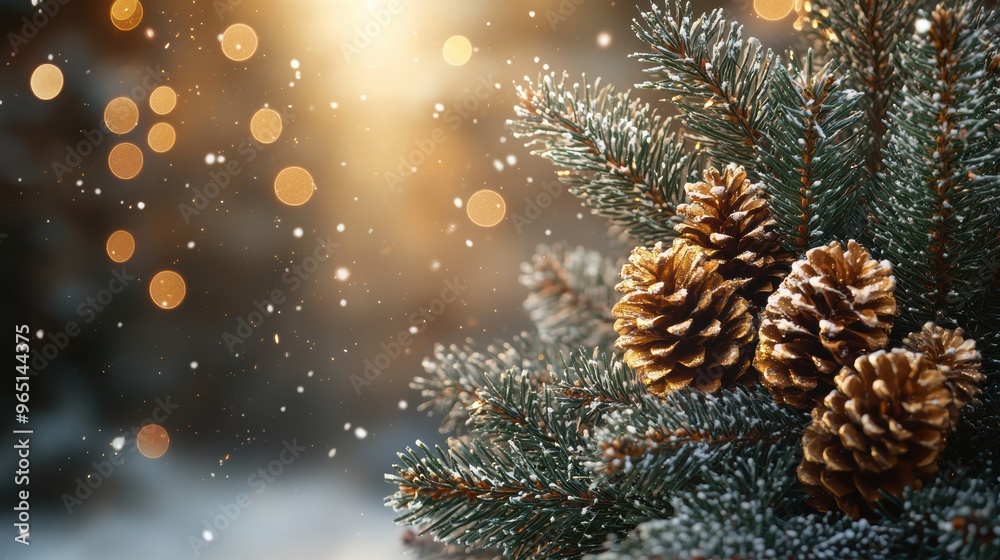 A festive display of frosted pinecones among evergreen branches with soft glowing lights in a winter setting A festive display of frosted pinecones among evergreen branches with soft glowing lights in a winter setting