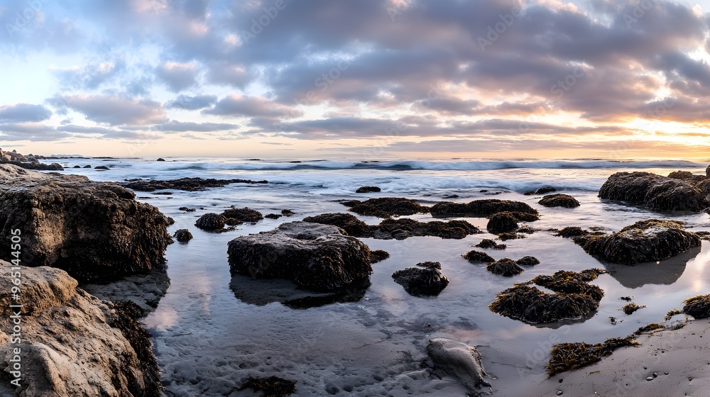 Breathtaking Rocky Beach at Sunset with Tide Pools and Gentle Waves Breathtaking Rocky Beach at Sunset with Tide Pools and Gentle Waves