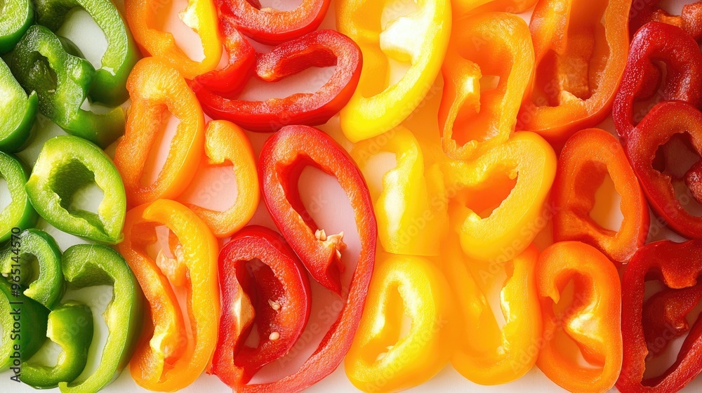 Sliced bell peppers in different colors arranged in a rainbow Sliced bell peppers in different colors arranged in a rainbow
