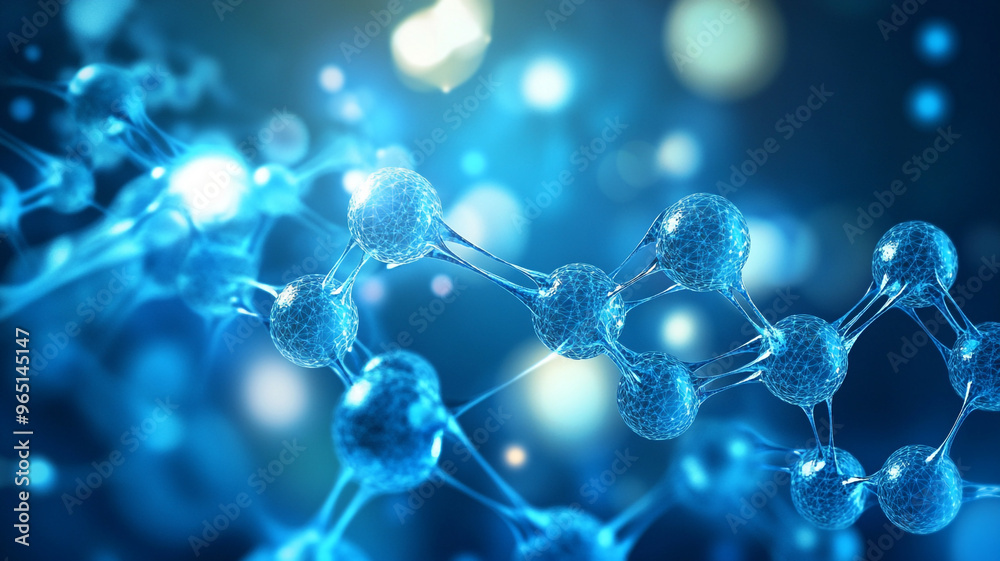 An intricate illustration showcases molecular structures interconnected in a vibrant blue backdrop An intricate illustration showcases molecular structures interconnected in a vibrant blue backdrop