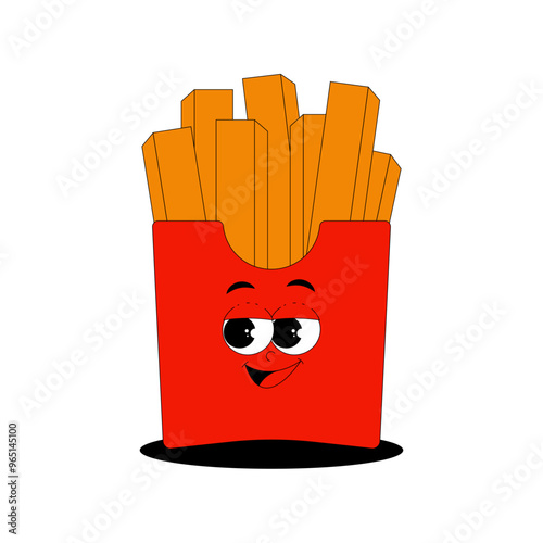 Funky french fries character in red box in trendy retro groovy style. Psychedelic fast food mascot with face. Cool vector sticker on transparent background