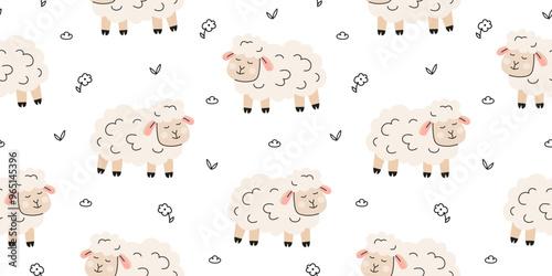 Seamless pattern with sheep and floral elements