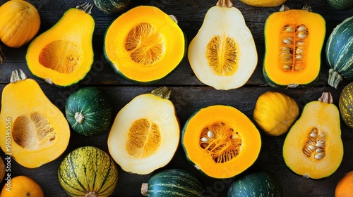 Variety of squash, such as acorn squash and butternut squash, sliced open photo