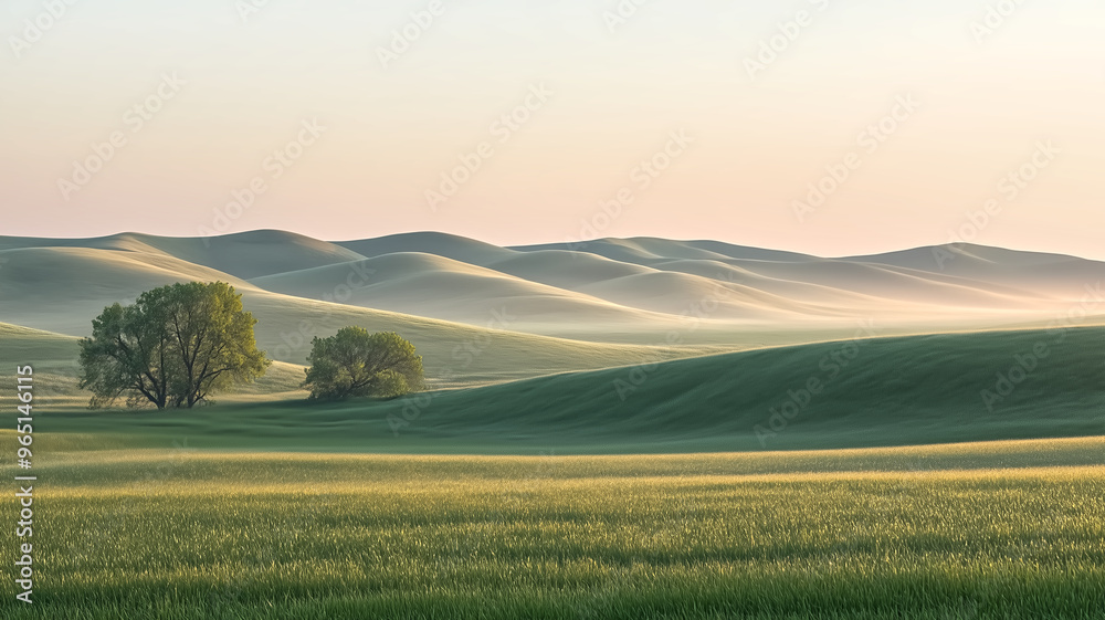 Fototapeta premium A serene landscape of rolling hills at dawn, the soft morning li