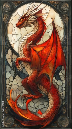 Dragon shown in Art Nouveau style, incorporating flowing lines and ornate details to blend elegance and fantasy in the depiction of the dragon. photo