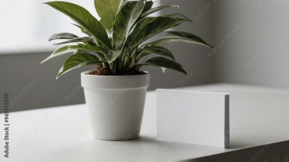 blank white business card mockup over a white table in the office with a plant blank white business card mockup over a white table in the office with a plant