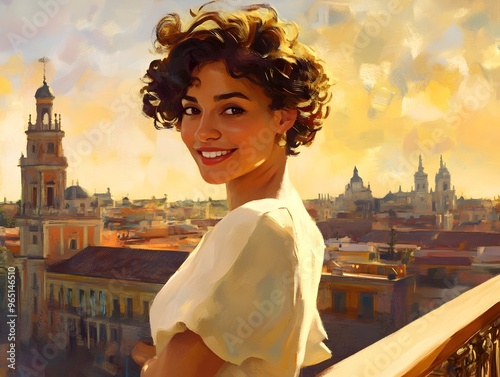 Warm and Welcoming Woman on Balcony Overlooking Seville s Historic City Skyline at Sunset photo