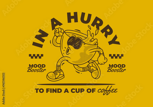 In a hurry to find a cup of coffee. Running coffee cup character in retro vintage style