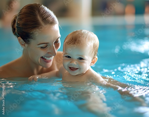 A joyful moment of a mother and her baby enjoying time together in a swimming pool, radiating happiness and love.