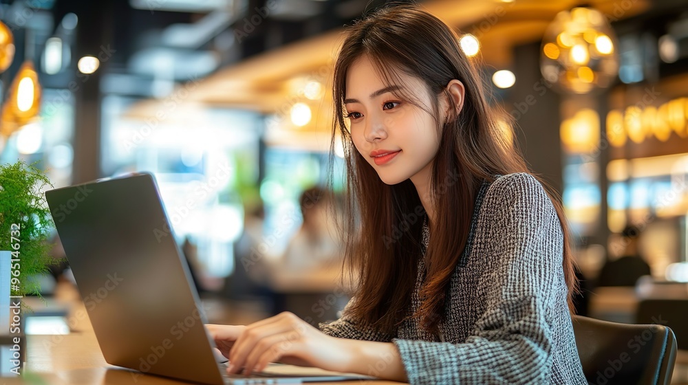カフェでPC作業をするアジア人女性01 カフェでPC作業をするアジア人女性01