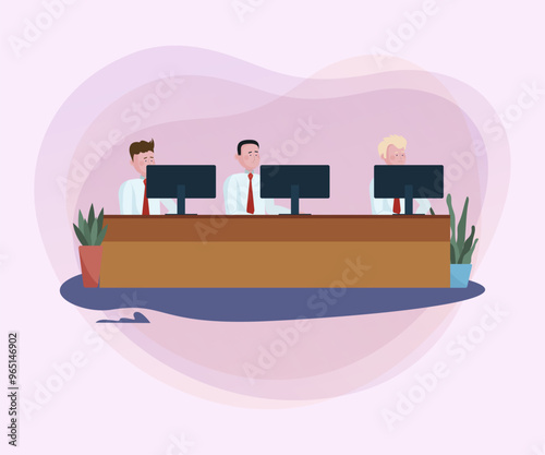 Bank managers working at computers. Employee providing service online flat vector illustration. Consulting, banking, support, finance concept for banner or website design