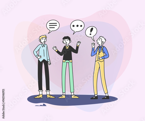 Business parnerts talking to each other vector illustration. Men chatting with dialog bubbles and gestures. Communication, conversation, partnership concept for banner or web design photo