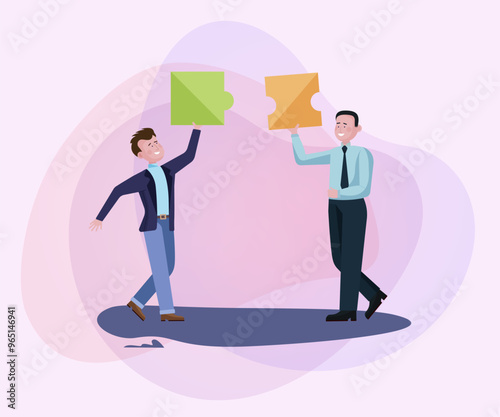 Cheerful businessmen connecting puzzle pieces. Men working together flat vector illustration. Teamwork, celebration, unity concept for banner or website design