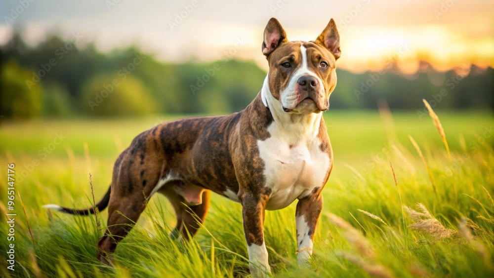 A stout pitbull terrier boasts a coat of mottled colors and a snowy snout, proudly holding court in A stout pitbull terrier boasts a coat of mottled colors and a snowy snout, proudly holding court in