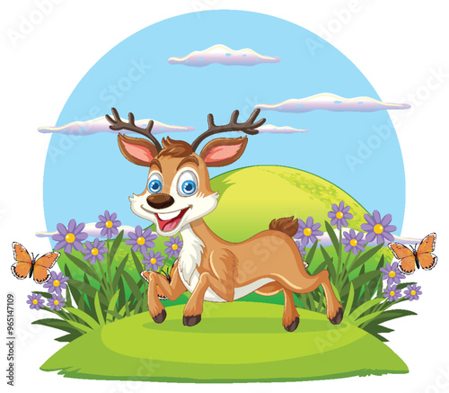 Happy Deer in Flower Meadow