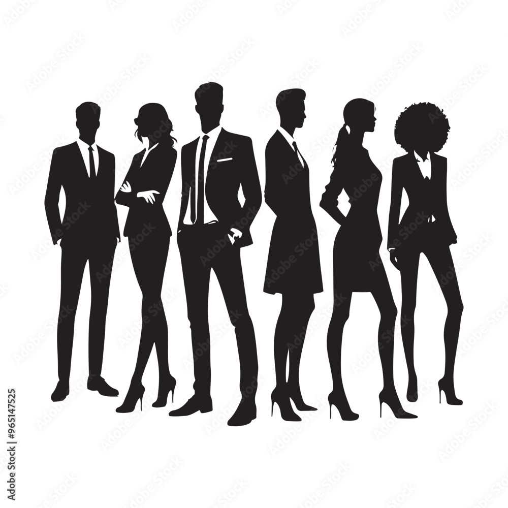 silhouettes of men and a women, a group of business people, black color isolated on white background ,flat line vector and illustration. silhouettes of men and a women, a group of business people, black color isolated on white background ,flat line vector and illustration.