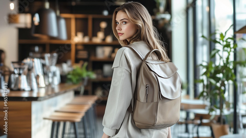 A taupe-colored vegan leather backpack, 31 x 45 x 17 cm, shown being worn by a fashionable young woman walking through a modern