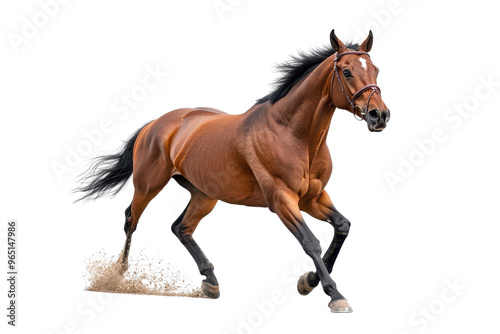 A powerful brown horse galloping gracefully, showcasing strength and beauty in motion against a clean background.