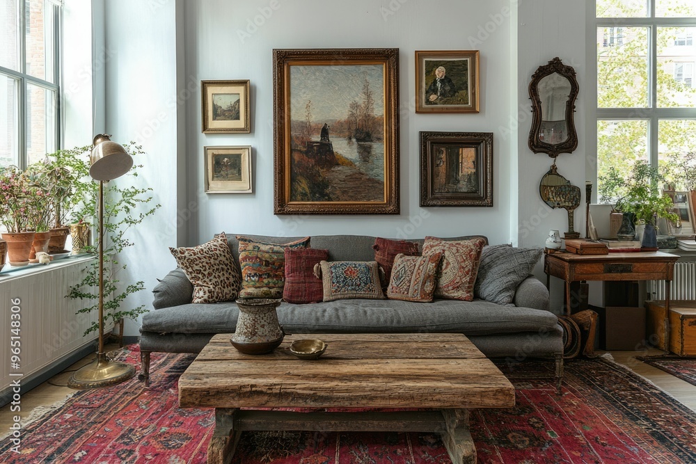 Cozy living room with art, plants, and rustic decor. Cozy living room with art, plants, and rustic decor.