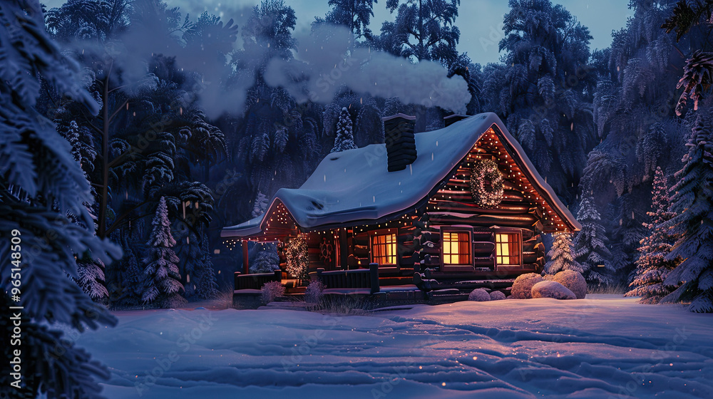 Fototapeta premium Peaceful Log Cabin in the Snow, Decorated with Christmas Lights and Wreaths