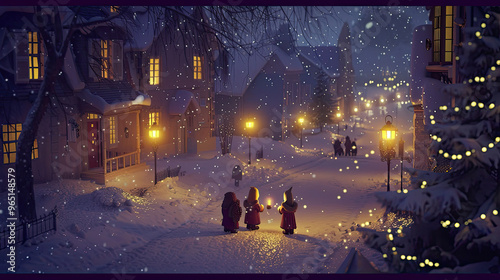 Peaceful Christmas Night with Carolers, Twinkling Lights, and Falling Snow