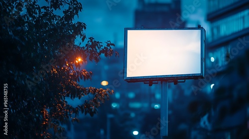 Blank Billboard in Modern City at Night