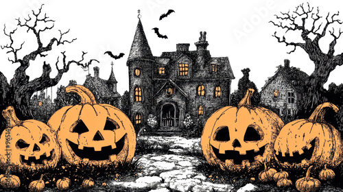 Jack-o'-lanterns in front of a haunted house with bats and barren trees, in a hand drawn style. Halloween spooky scene concept