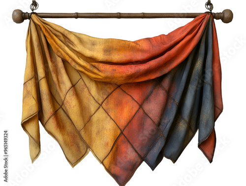 A colorful scarf elegantly draped over a rustic wooden rack, showcasing its texture and design against a natural backdrop.
