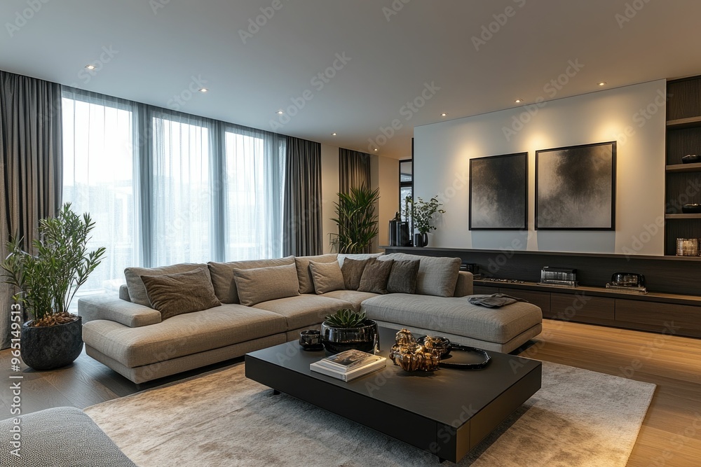 Modern living room with cozy furnishings and decor. Modern living room with cozy furnishings and decor.