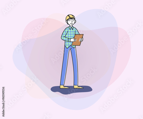 Foreman with clipboard with tasks. Young man in helmet on constraction site. Vector illustration for work, labor, occupation concept