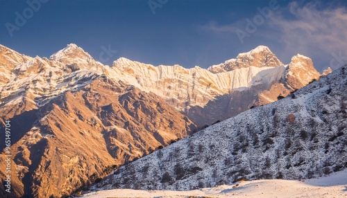 a beautiful ice-covered mountain, featuring views of snow and ice covering the mountain slopes. generative ai photo